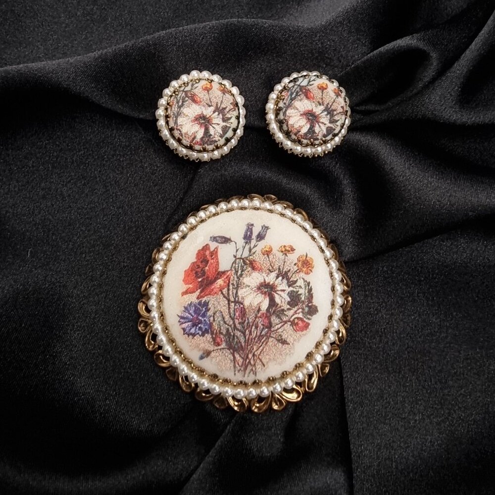 Vintage 1960s-1970s WEST GERMANY Signed Floral Brooch & Clip-On Earrings Set
